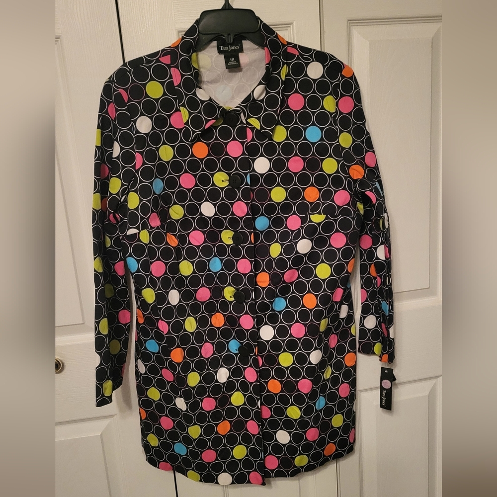 NWT Tara Jones Colorful Polka Dot Button Up Unlined Long Jacket XL 60's Inspired